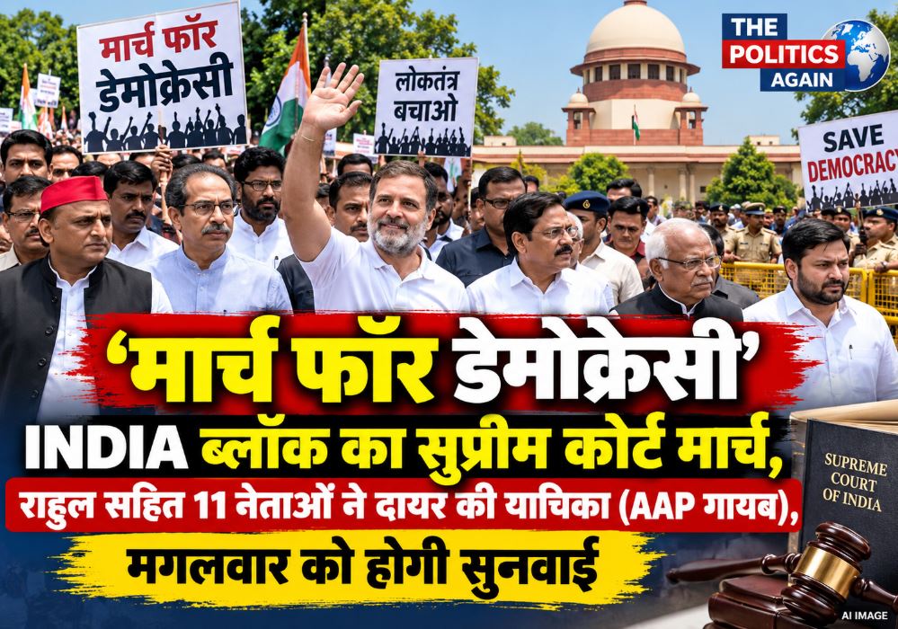 Leaders of the INDIA bloc participating in the 'March for Democracy' in New Delhi.