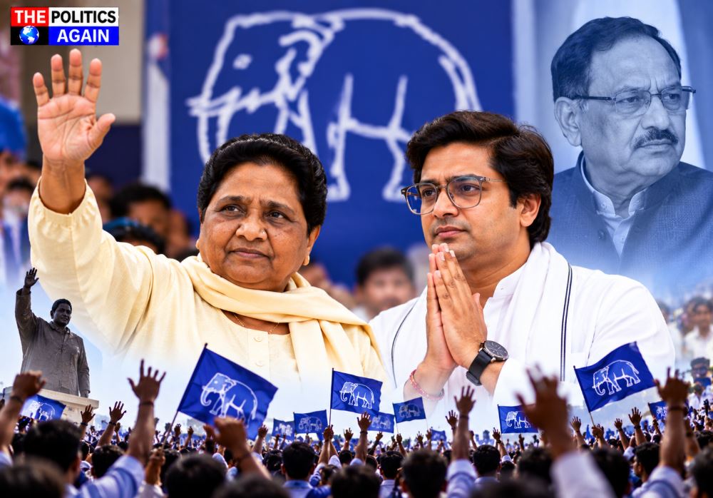 Mayawati addressing press conference, Akash Anand BSP leader, Bahujan Samaj Party flag elephant symbol, Dalit Indian politicians