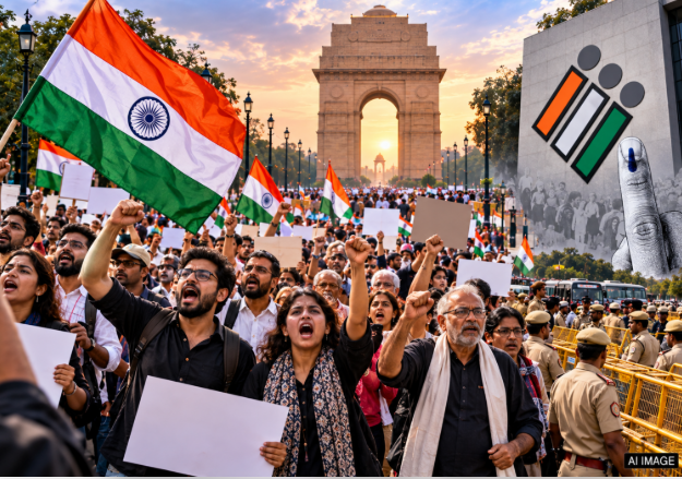 Indian Youth Congress protest Delhi, Delhi high court building, Jantar mantar protest barricades, Indian police stopping protesters