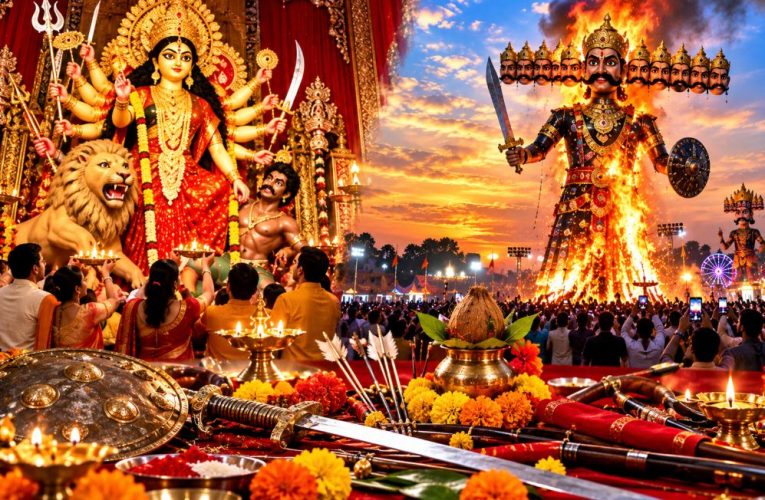 Ravan Dahan and Shastra Pujan rituals being performed on Vijayadashami.
