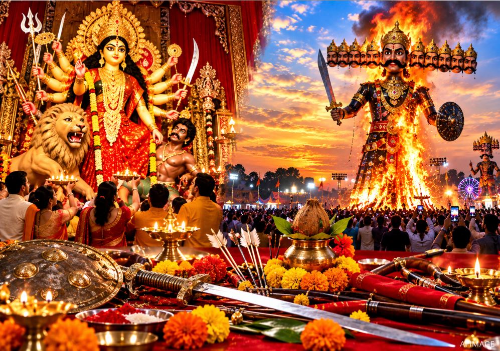 Ravan Dahan and Shastra Pujan rituals being performed on Vijayadashami.
