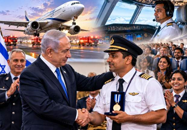 Indian airline pilot uniform, Benjamin Netanyahu phone call, cockpit aircraft pilot, Israel Independence Day Mount Herzl torch