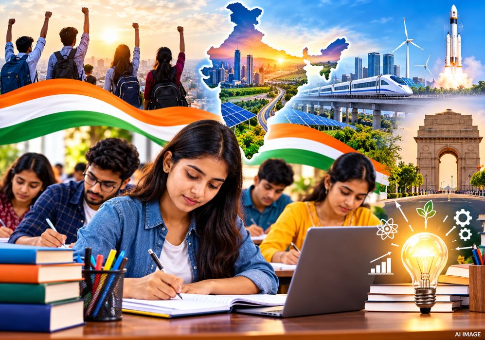 Youth participating in the Viksit Bharat Essay Competition on the My Bharat Portal.