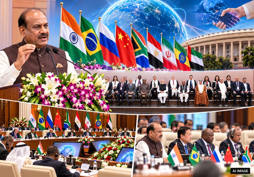 Lok Sabha Speaker Om Birla addressing the 12th BRICS Parliamentary Forum 2026 in New Delhi