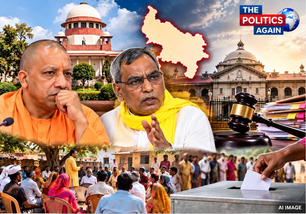 UP Panchayat Raj Minister OP Rajbhar and the Supreme Court building.
