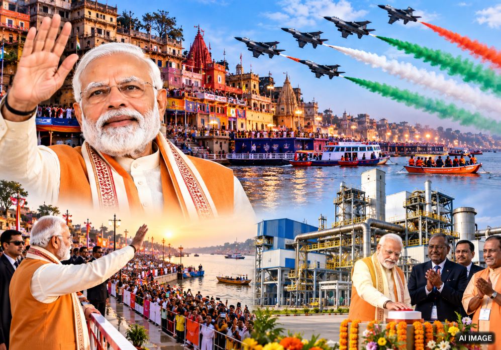 PM Narendra Modi attending the 'Wings Over Ganga' Air Show and inaugurating an industrial unit in Varanasi