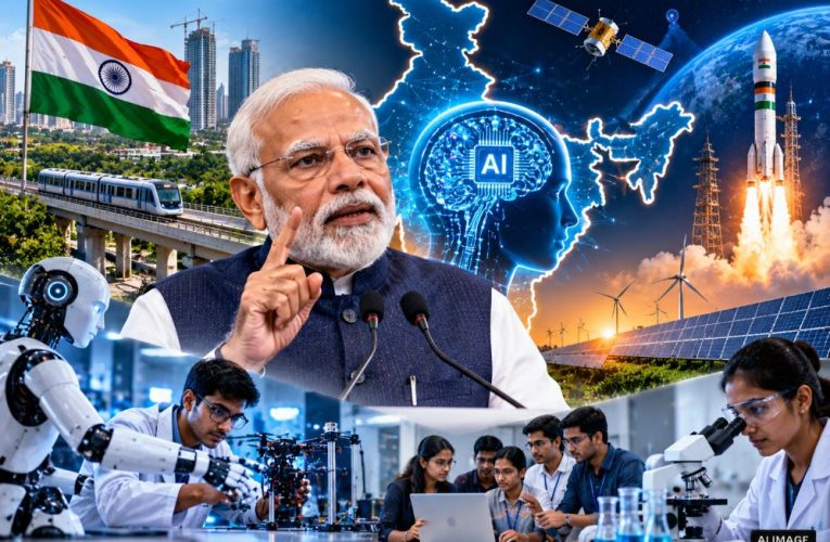 प्रधानमंत्री नरेंद्र मोदी ESTIC-2026 में तकनीक, AI और साइबर सुरक्षा पर देश को संबोधित करते हुए।