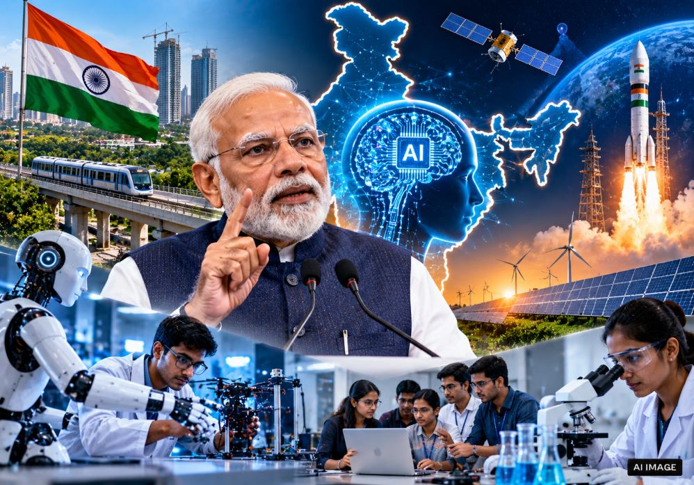 प्रधानमंत्री नरेंद्र मोदी ESTIC-2026 में तकनीक, AI और साइबर सुरक्षा पर देश को संबोधित करते हुए।