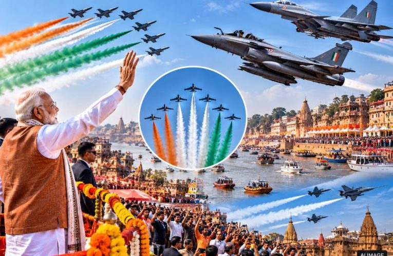 PM Narendra Modi watching the Indian Air Force aircraft display at Namo Ghat during the Kashi Air Show