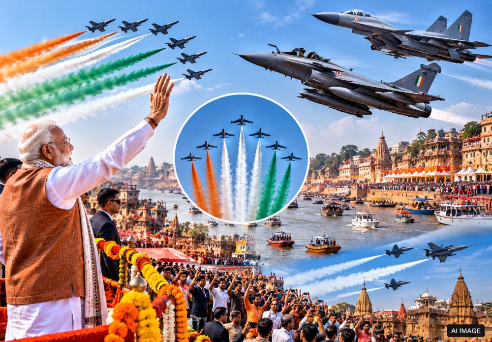 PM Narendra Modi watching the Indian Air Force aircraft display at Namo Ghat during the Kashi Air Show