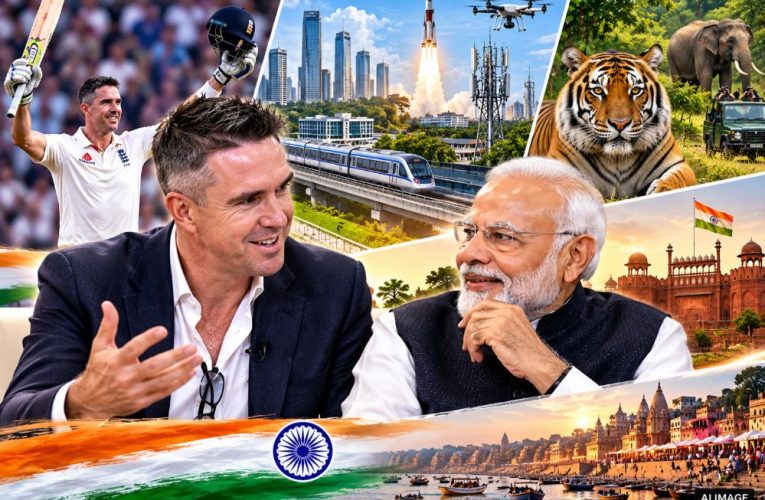 PM Narendra Modi and former England cricketer Kevin Pietersen highlighting India's progress in sports and wildlife.