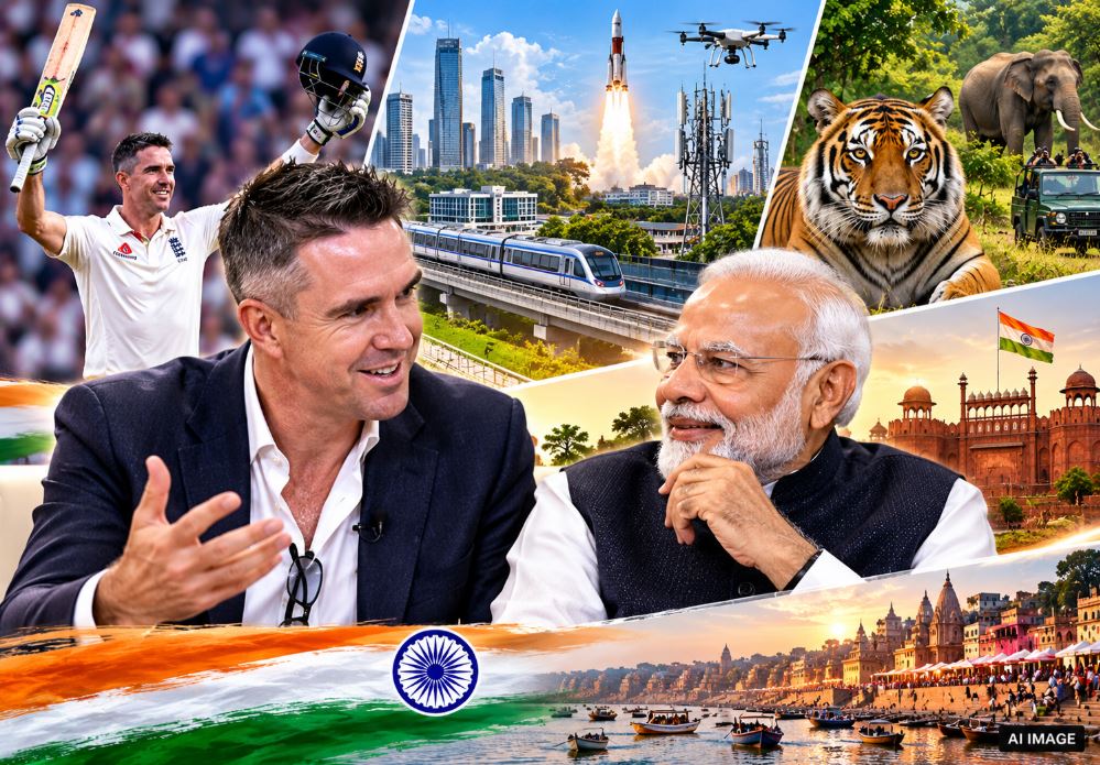 PM Narendra Modi and former England cricketer Kevin Pietersen highlighting India's progress in sports and wildlife.
