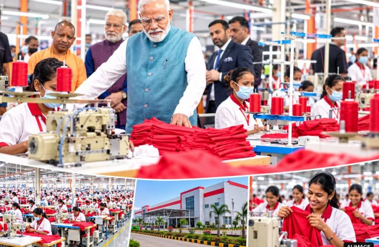 PM Narendra Modi interacting with women workers after inaugurating the Arvind Limited textile plant in Varanasi.