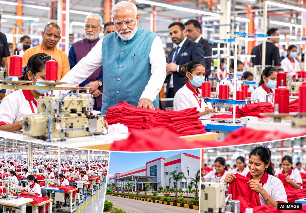 PM Narendra Modi interacting with women workers after inaugurating the Arvind Limited textile plant in Varanasi.