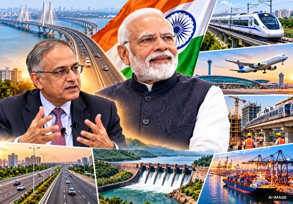 PM Narendra Modi and Rajiv Gauba highlighting the transformation of infrastructure in India over 25 years of governance.