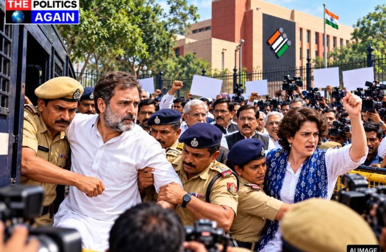 Rahul Gandhi climbing police barricades Delhi, Priyanka Gandhi detained by Delhi police, Indian opposition leaders protesting Election Commission, AIR building Delhi standoff, KC Venugopal police detention