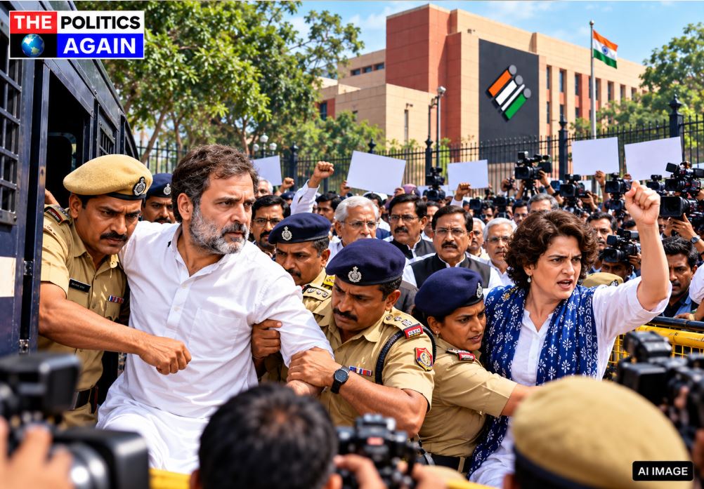 Rahul Gandhi climbing police barricades Delhi, Priyanka Gandhi detained by Delhi police, Indian opposition leaders protesting Election Commission, AIR building Delhi standoff, KC Venugopal police detention