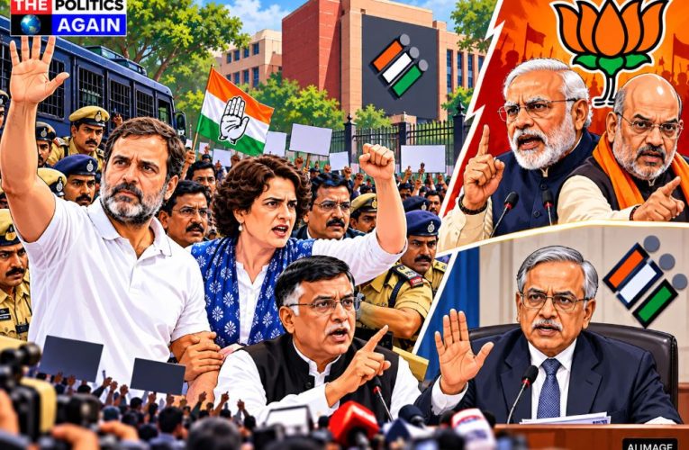 Priyanka Gandhi climbing gate Kingsway camp, Rahul Gandhi police detention Delhi, Pawan Khera addressing media protest, Election commission press release India, BJP Sudhanshu Trivedi press conference