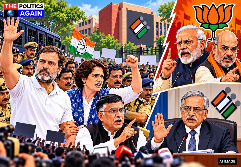 Priyanka Gandhi climbing gate Kingsway camp, Rahul Gandhi police detention Delhi, Pawan Khera addressing media protest, Election commission press release India, BJP Sudhanshu Trivedi press conference