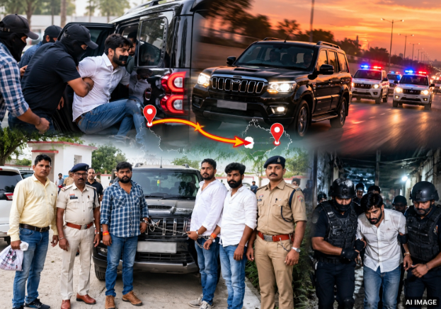 black scorpio car police checking, Indian police arresting criminals, CCTV footage kidnapping India, Chhattisgarh police station