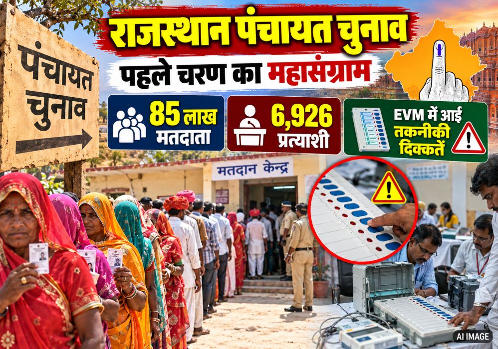 Voters standing in line and security personnel managing the crowd during the Rajasthan Panchayat Elections.