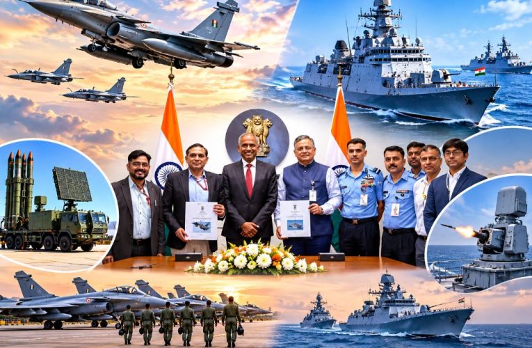 Ministry of Defence officials signing contracts for GSAT-7C and Varunastra torpedo.
