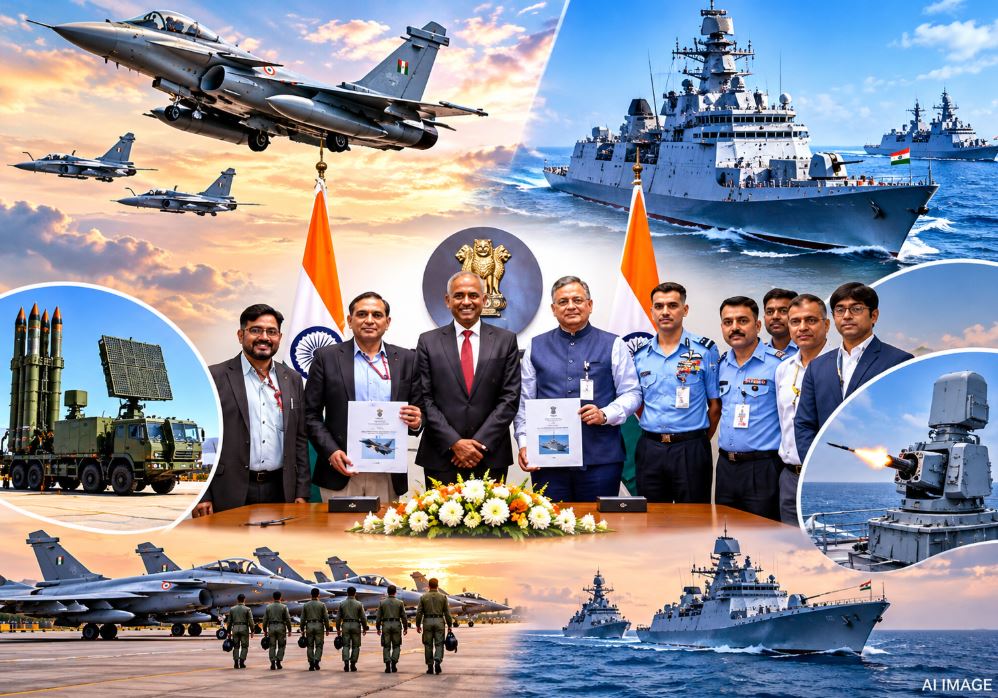 Ministry of Defence officials signing contracts for GSAT-7C and Varunastra torpedo.