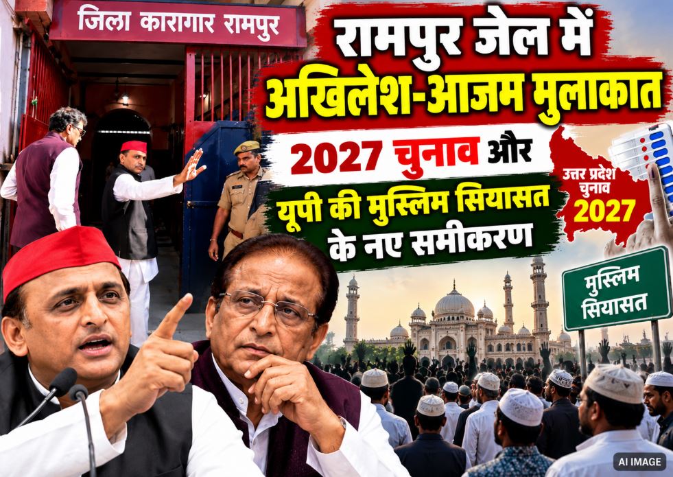 Akhilesh Yadav meeting Azam Khan in Rampur Jail, discussing strategies for the 2027 UP Assembly Elections