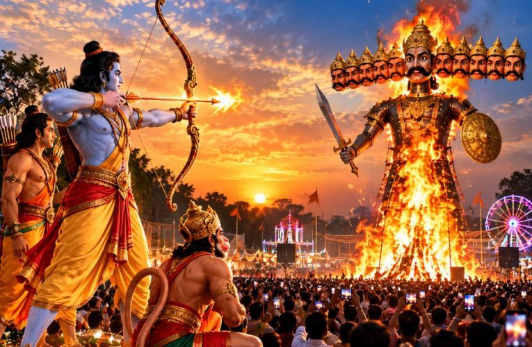 Lord Rama aiming an arrow at the effigy of Ravana during Dussehra.
