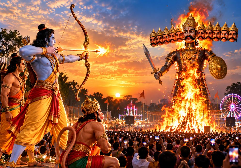 Lord Rama aiming an arrow at the effigy of Ravana during Dussehra.