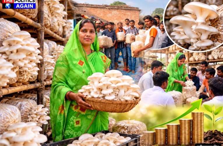 Indian rural woman mushroom farming, women self help group UP, Oyster mushroom cultivation India, Krishi Vigyan Kendra training, Atmanirbhar Bharat rural women