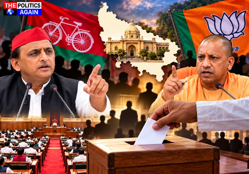 Akhilesh Yadav Samajwadi Party press conference, UP Vidhan Sabha building, Rajya Sabha election voting box, Indian political party symbol cycle
