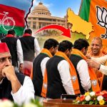 Indian political joining event BJP, SP leaders joining BJP UP, Smriti Irani political rally Amethi, UP politicians press conference, Indian election campaign saffron flags