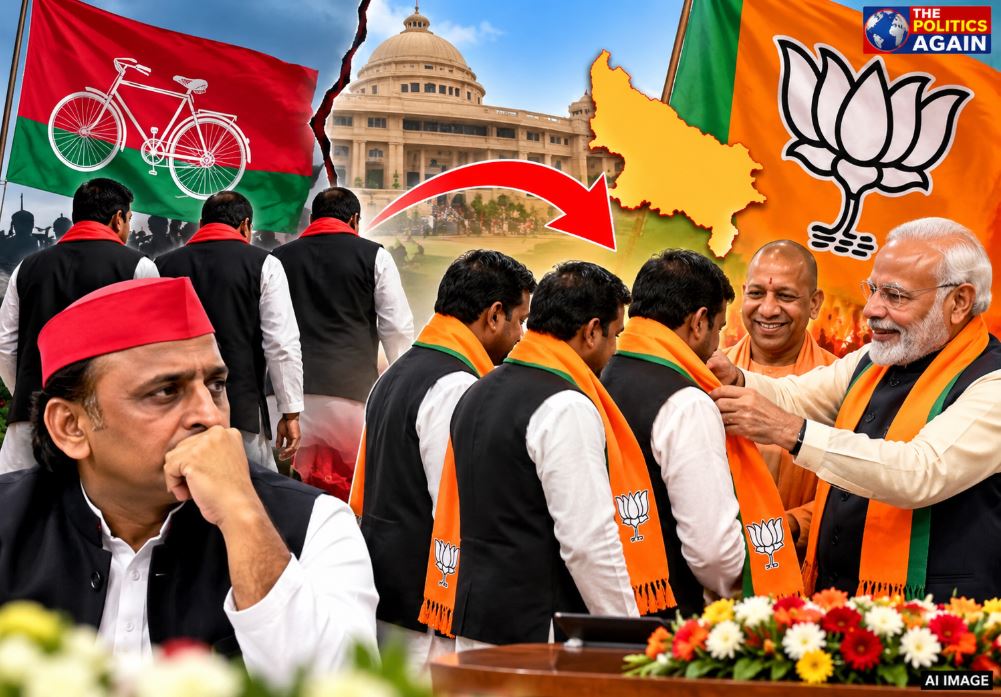 Indian political joining event BJP, SP leaders joining BJP UP, Smriti Irani political rally Amethi, UP politicians press conference, Indian election campaign saffron flags