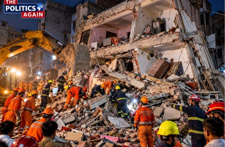 Delhi building collapse rescue operation, NDRF rescue team building debris, Delhi police helping accident victims, Indian city building disaster, emergency ambulance debris