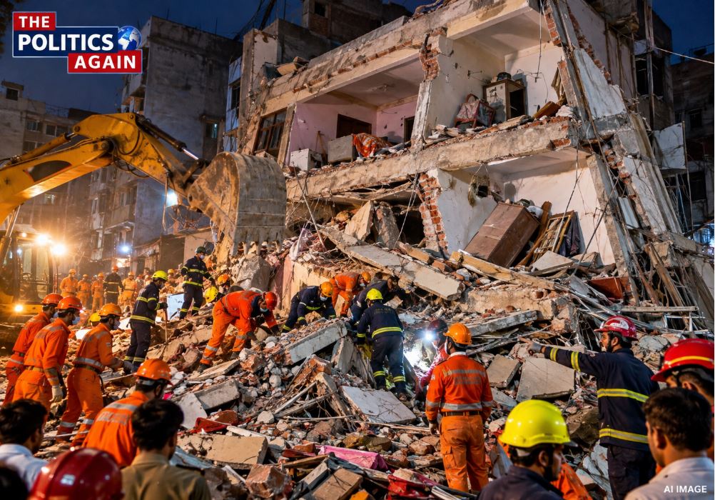 Delhi building collapse rescue operation, NDRF rescue team building debris, Delhi police helping accident victims, Indian city building disaster, emergency ambulance debris