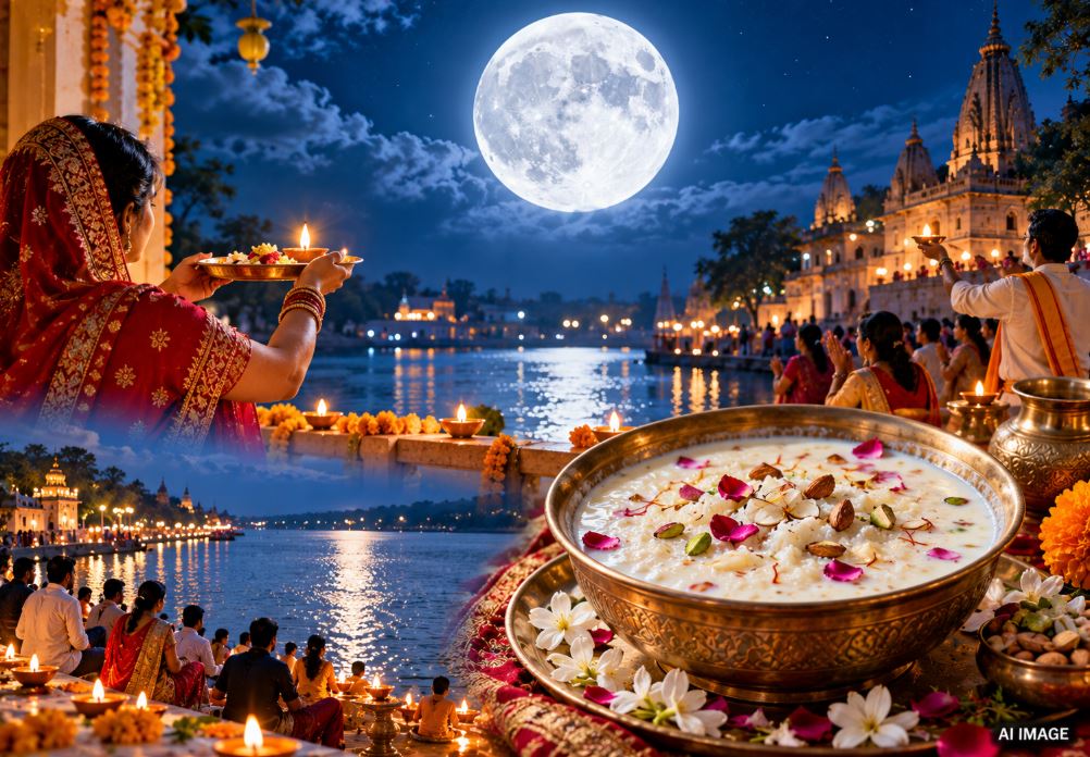 A bowl of Kheer placed under the moonlight on the auspicious night of Sharad Purnima.