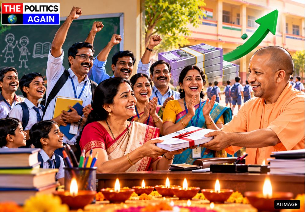 Indian primary school teacher teaching, UP government school classroom, Indian teacher with students, smiling school teacher India, UP basic education department