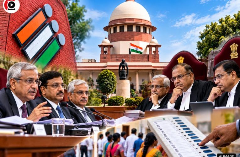 The Supreme Court of India building juxtaposed with the Election Commission of India logo, representing the legal response filed by the ECI.