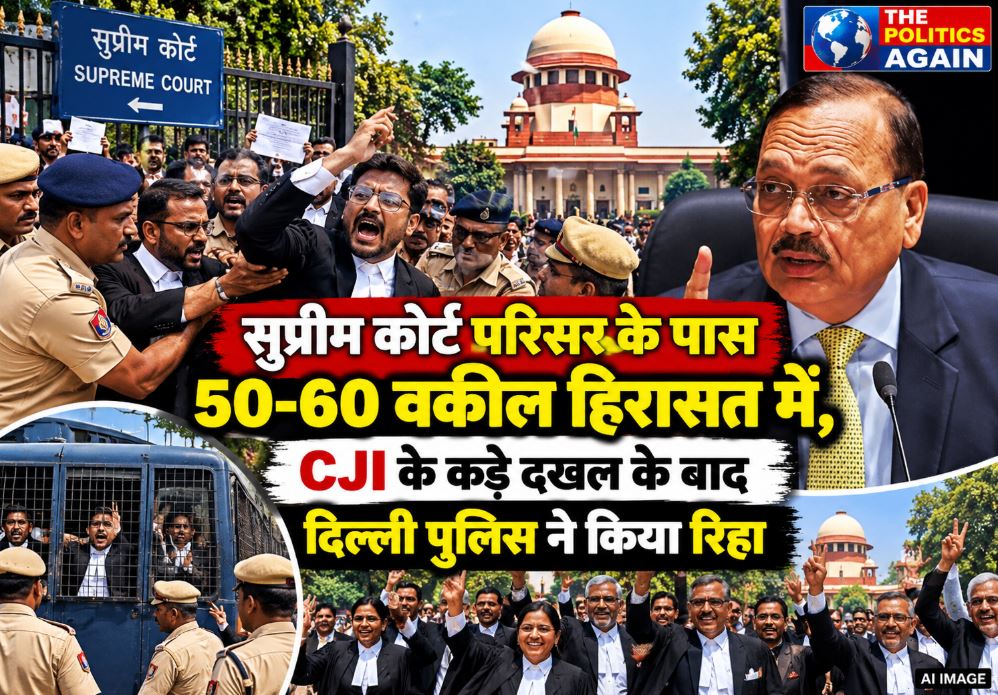 Police detaining lawyers near Supreme Court of India in New Delhi during protests.