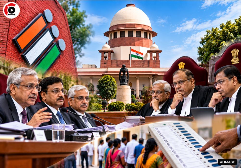 The Supreme Court of India building juxtaposed with the Election Commission of India logo, representing the legal response filed by the ECI.