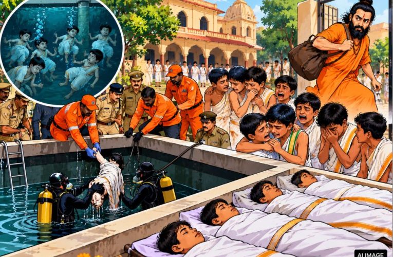 UP police investigating accident scene, underground water tank opening, Indian students in Gurukul, Mathura hospital emergency ward, police barricading crime scene