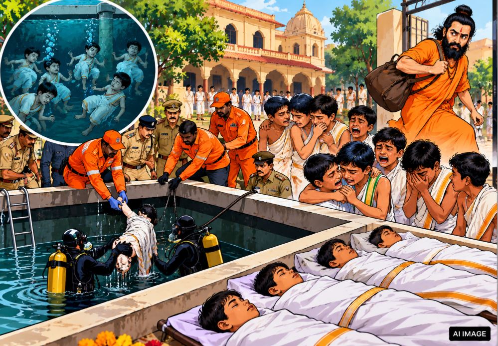 UP police investigating accident scene, underground water tank opening, Indian students in Gurukul, Mathura hospital emergency ward, police barricading crime scene