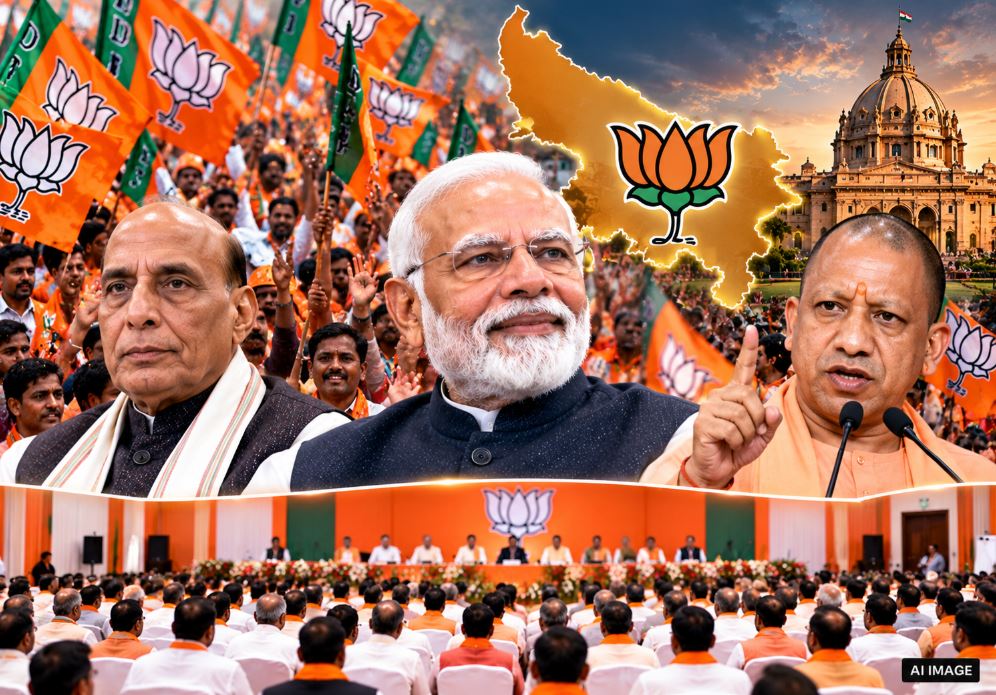 PM Narendra Modi and CM Yogi Adityanath highlighting the formation of the new UP BJP State Executive Committee