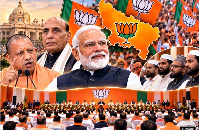 UP BJP leadership announcing the 712-member State Executive Committee ahead of the 2027 assembly elections.