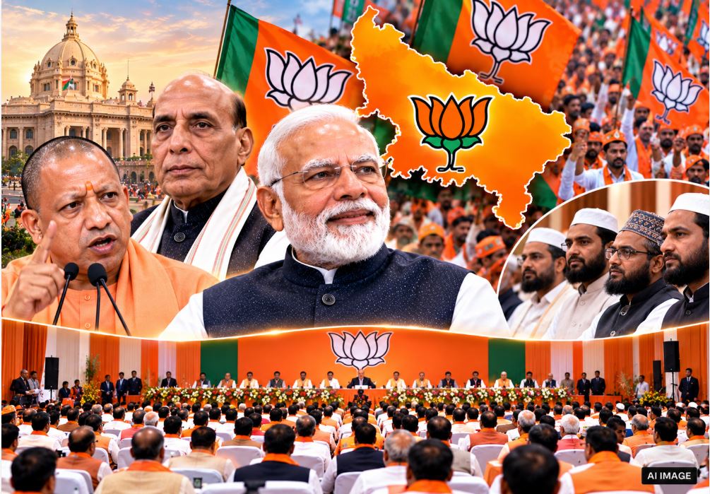 UP BJP leadership announcing the 712-member State Executive Committee ahead of the 2027 assembly elections.