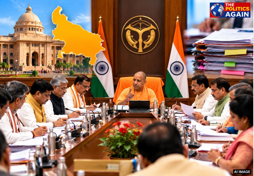 CM Yogi Adityanath cabinet meeting, UP government meeting Lucknow, Indian politicians meeting room Lok Bhawan, UP cabinet decisions 2026, CM Yogi working with ministers