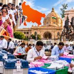Election officials counting votes for UP MLC elections at a counting center under tight security.