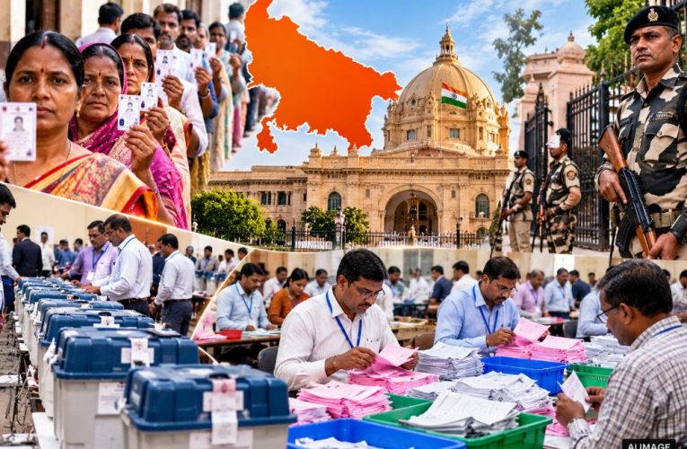 Election officials counting votes for UP MLC elections at a counting center under tight security.