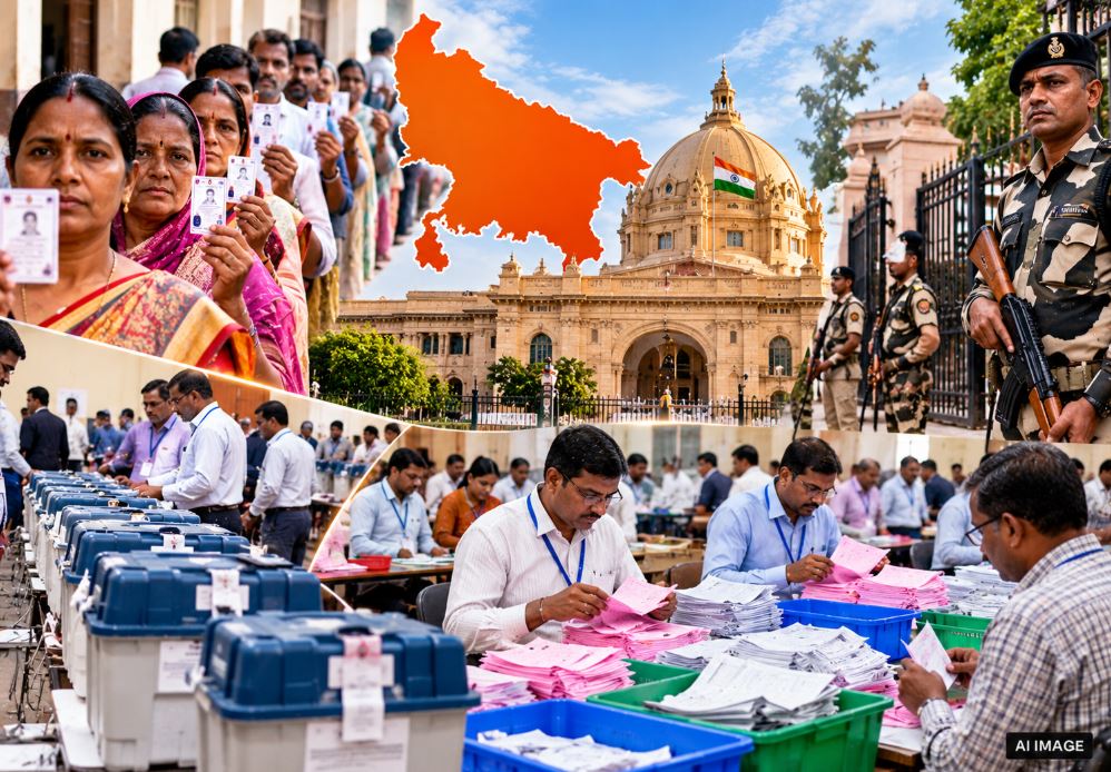 Election officials counting votes for UP MLC elections at a counting center under tight security.